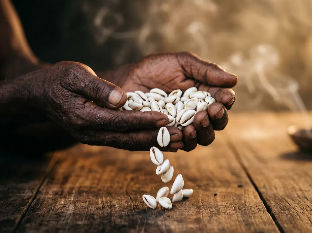 Cauris tenus dans les mains du marabout