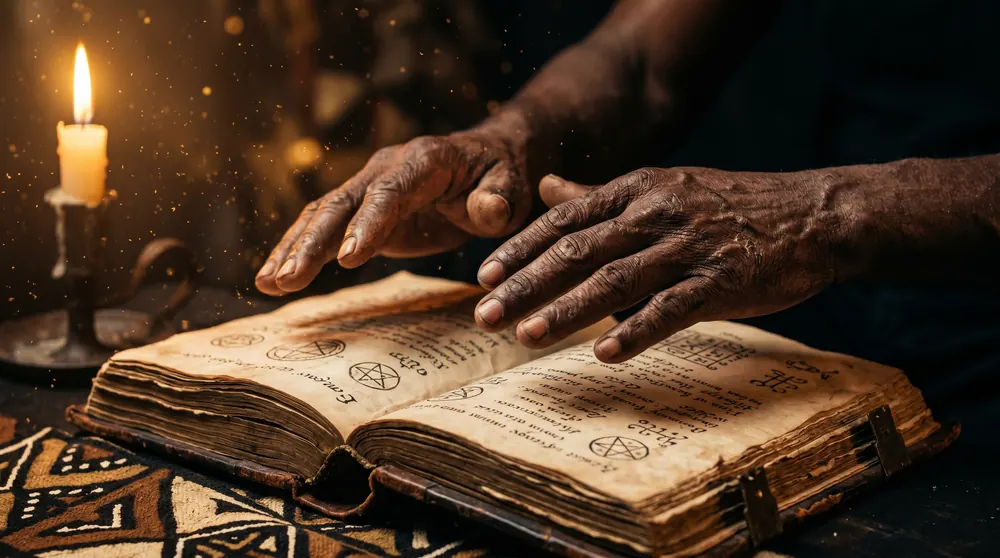 Mains du marabout Youssoufa au-dessus d'un grimoire ancestral africain