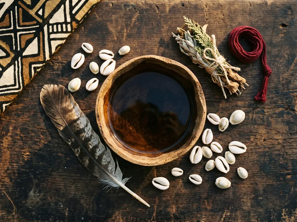 Plume et calebasse rituelles